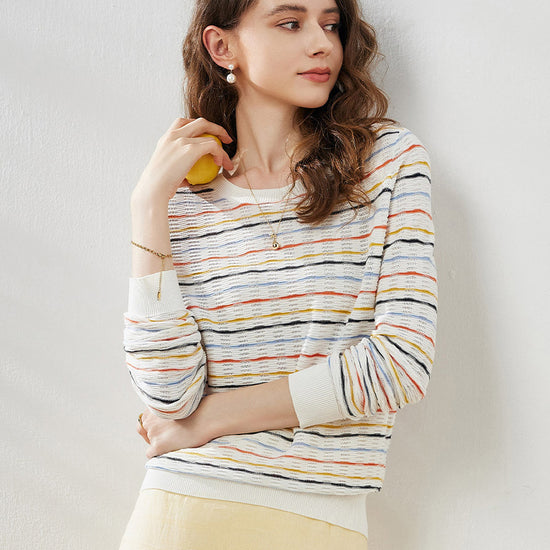 COMOBOCA Women's Colorful Striped Knit Sweater