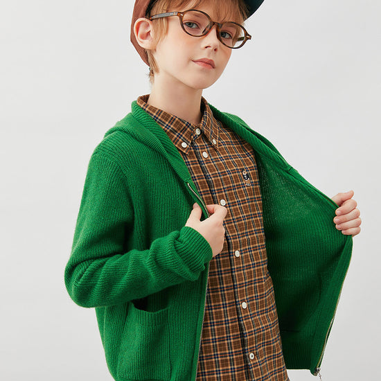 COMOBOCA 100% Wool Kids' Ribbed Zip Up Hooded Cardigan