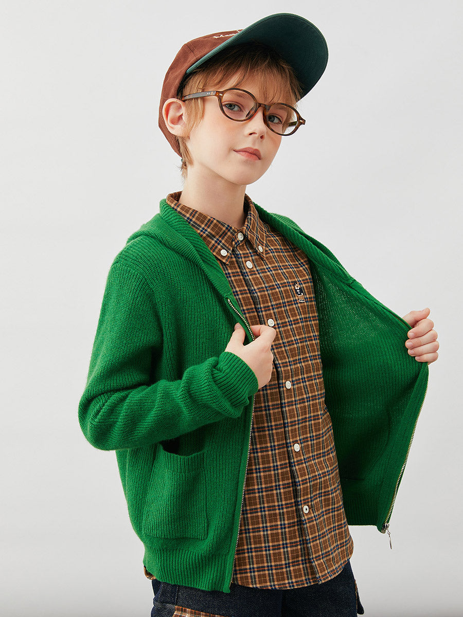 COMOBOCA 100% Wool Kids' Ribbed Zip Up Hooded Cardigan