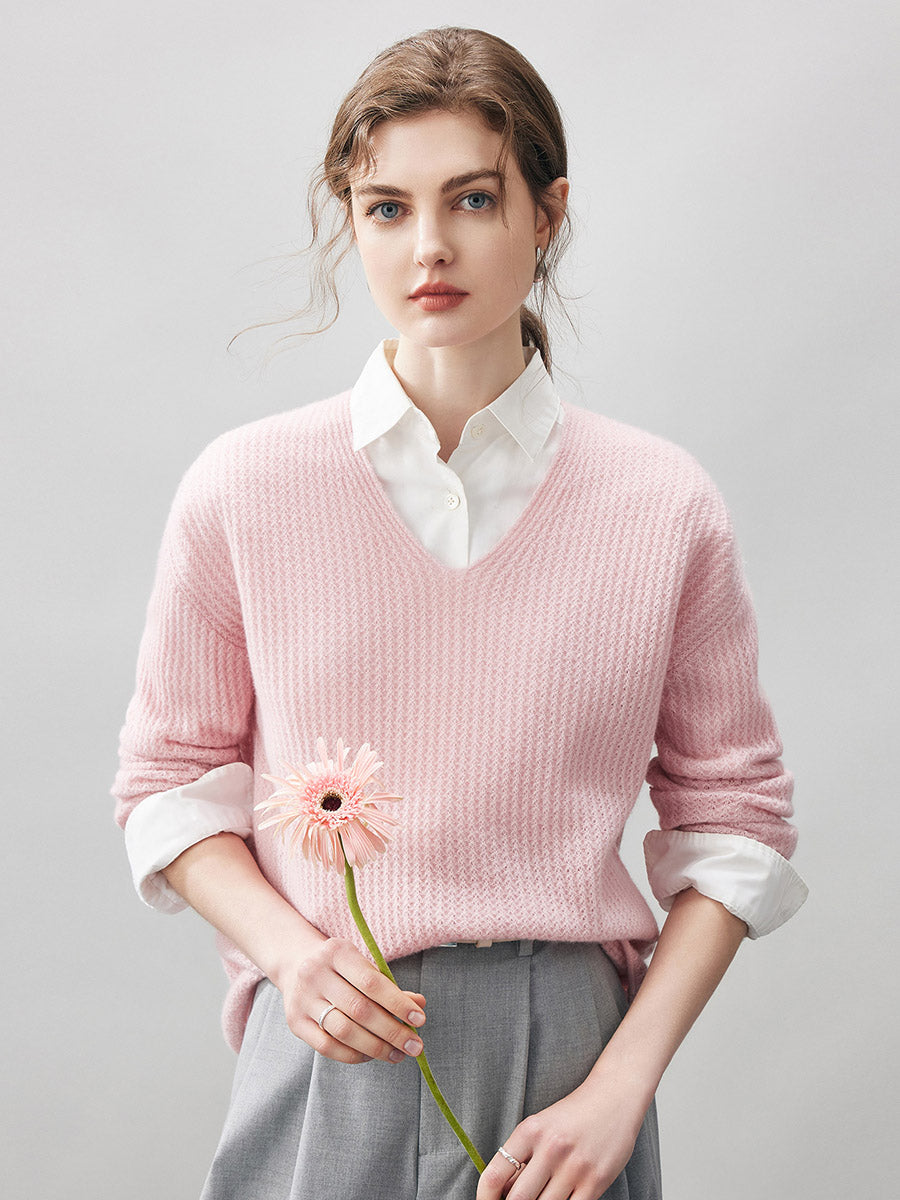 COMOBOCA Pink 100% Cashmere Women's Ribbed V-Neck Knit Sweater