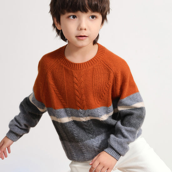 COMOBOCA BRICK RED 100% Wool Kids' Round Neck Striped Sweater