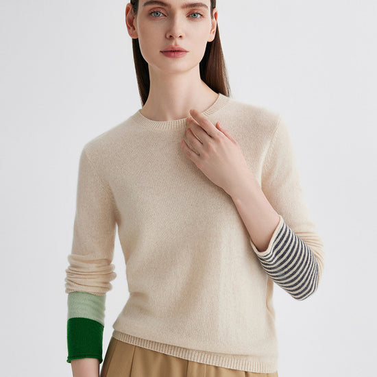 COMOBOCA 100% Cashmere Women's Color-Blocked Sleeve Knit Sweater