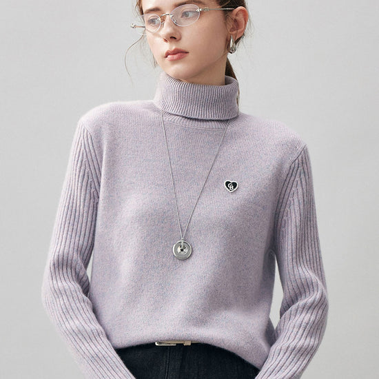 COMOBOCA Purple Gray 100% Cashmere Women's Turtleneck Knit Sweater