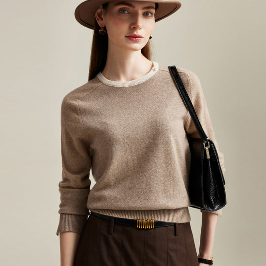 COMOBOCA Camel 100% Cashmere Women's Button-Accent Sweater