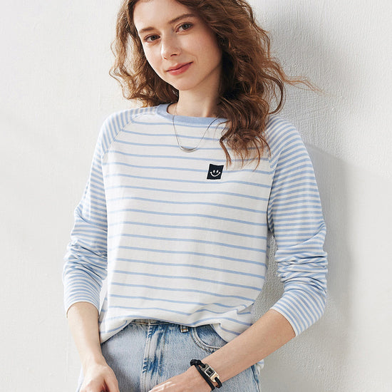 COMOBOCA Women's Cotton Silk Striped Smiley Patch T-Shirt Knit Sweater