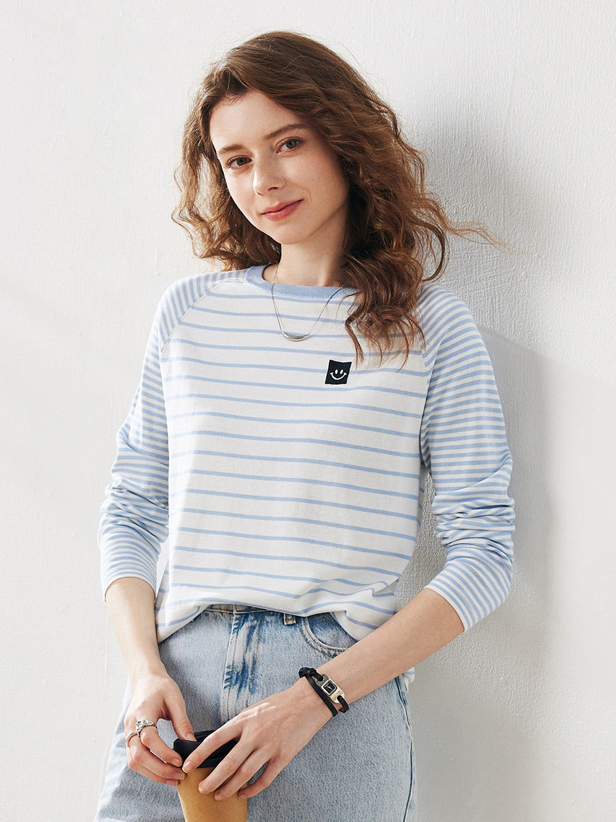 COMOBOCA Women's Cotton Silk Striped Smiley Patch T-Shirt Knit Sweater