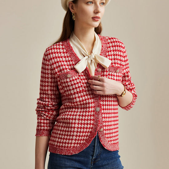 COMOBOCA Red 100% Wool Women's Houndstooth Cardigan