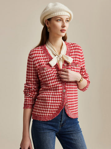COMOBOCA Red 100% Wool Women's Houndstooth Cardigan