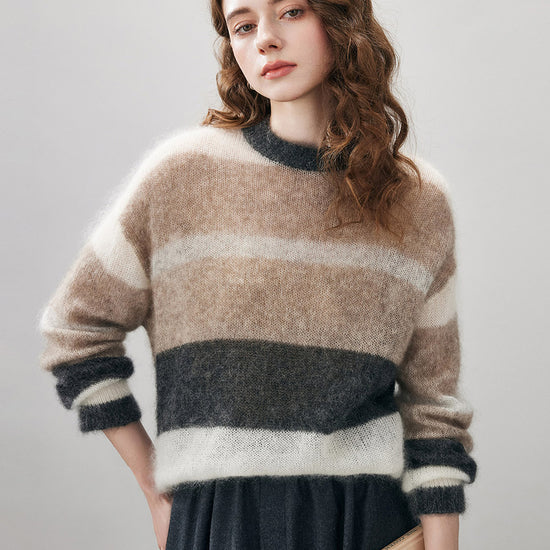 COMOBOCA Dark Gray Women's Mohair Striped Round Neck Sweater