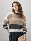 COMOBOCA Dark Gray Women's Mohair Striped Round Neck Sweater