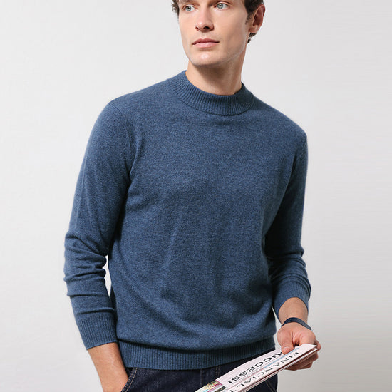 COMOBOCA DENIM BLUE 100% Cashmere Men's Mock Neck Knit Sweater