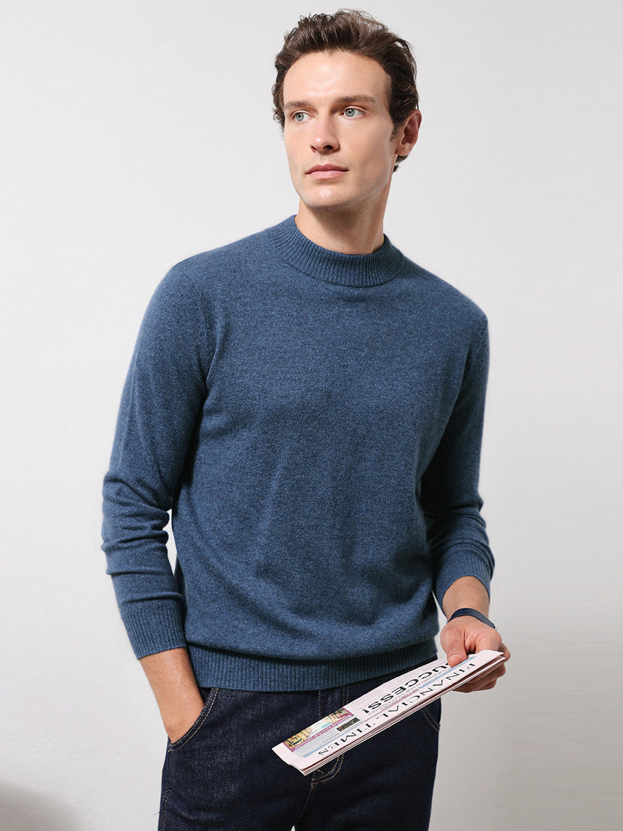 COMOBOCA DENIM BLUE 100% Cashmere Men's Mock Neck Knit Sweater