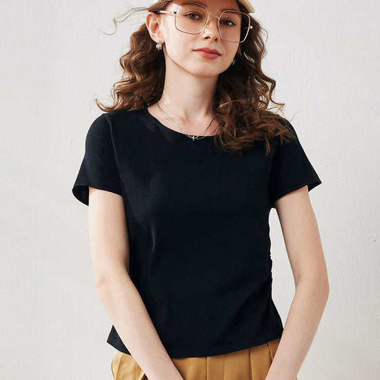 COMOBOCA Black Women's Round Neck Knit T-Shirt