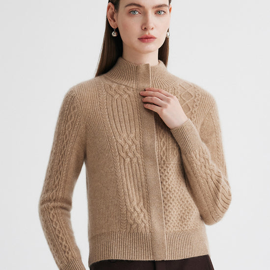 COMOBOCA Camel 100% Cashmere Women's Cable Knit Mock Neck Zip Up Cardigan