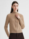 COMOBOCA Camel 100% Cashmere Women's Cable Knit Mock Neck Zip Up Cardigan