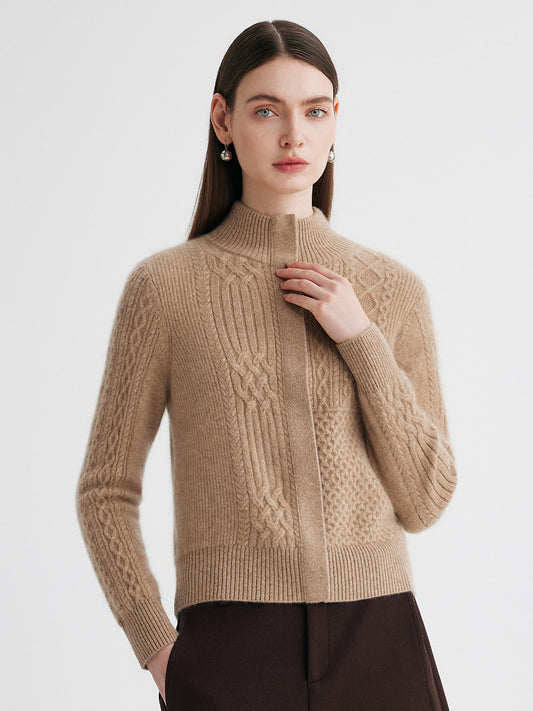 COMOBOCA Camel 100% Cashmere Women's Cable Knit Mock Neck Zip Up Cardigan