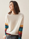 COMOBOCA S White 100% Cashmere Women's Striped Round Neck Sweater
