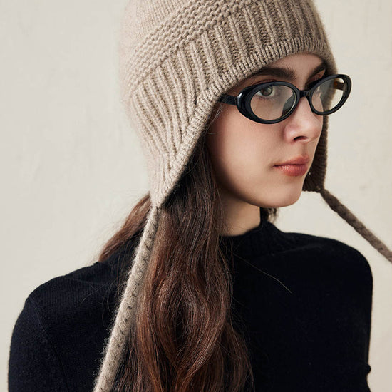 COMOBOCA 100% Cashmere Women's Ear Flap Beanie with Pom-Poms