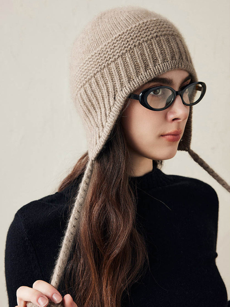 COMOBOCA 100% Cashmere Women's Ear Flap Beanie with Pom-Poms