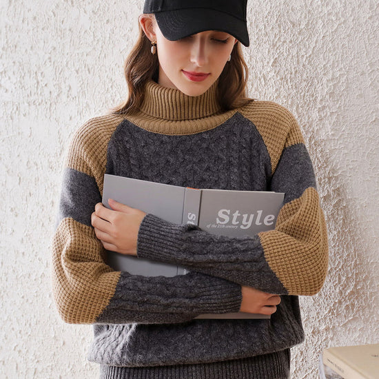 COMOBOCA 100% Cashmere Women's Cable Knit Color Block Sweater