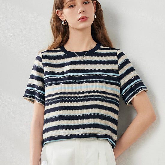 COMOBOCA Women's Striped Woven Ribbed T-Shirt