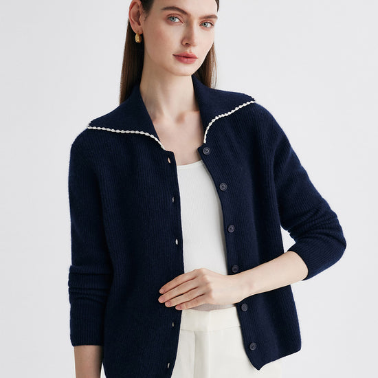 COMOBOCA Navy Blue 100% Cashmere Women's Contrast Trimmed Collared Knit Cardigan