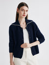 COMOBOCA Navy Blue 100% Cashmere Women's Contrast Trimmed Collared Knit Cardigan