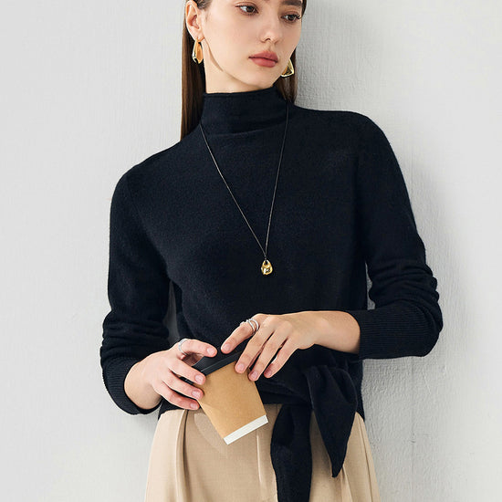 COMOBOCA 100% Cashmere Women's Mock Neck Tie-Waist Sweater