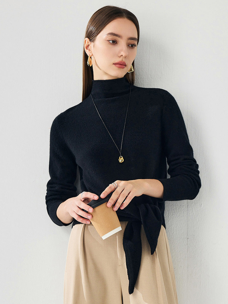 COMOBOCA 100% Cashmere Women's Mock Neck Tie-Waist Sweater
