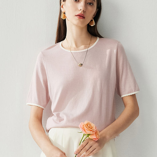 COMOBOCA Women's Contrast Trim Knit T-Shirt