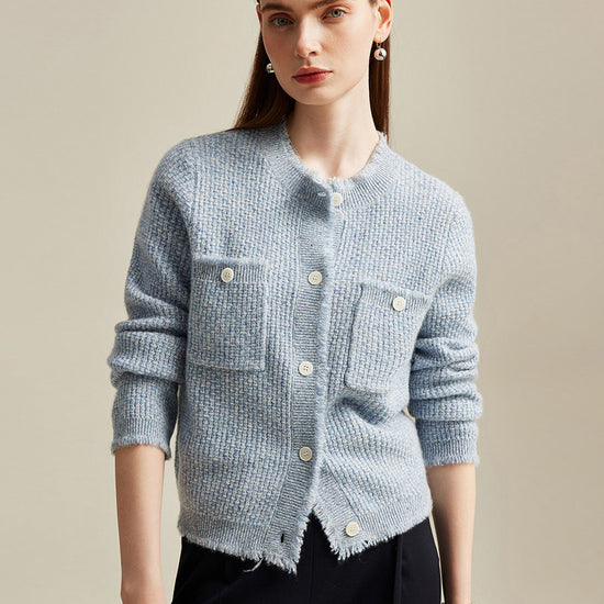 COMOBOCA Light Blue 100% Cashmere Women's Knit Cardigan with Front Pockets