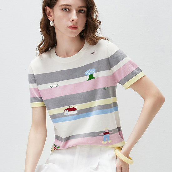 COMOBOCA Women's Farm Scene Striped Knit T-Shirt