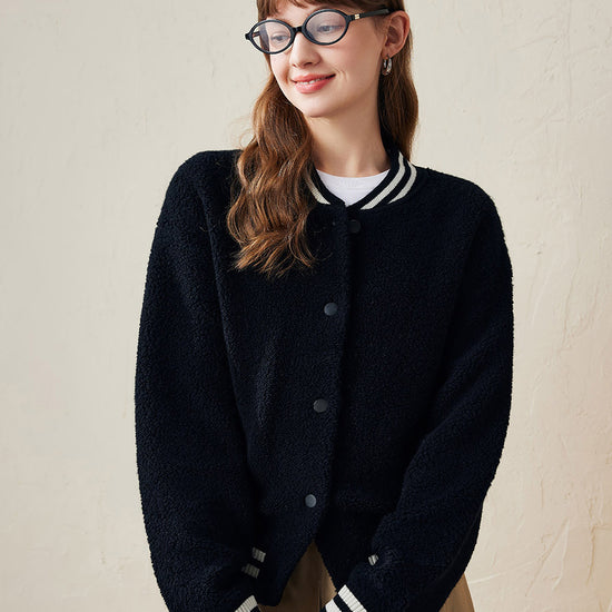 COMOBOCA Black 100% Wool Women's Striped Ribbing Jacket