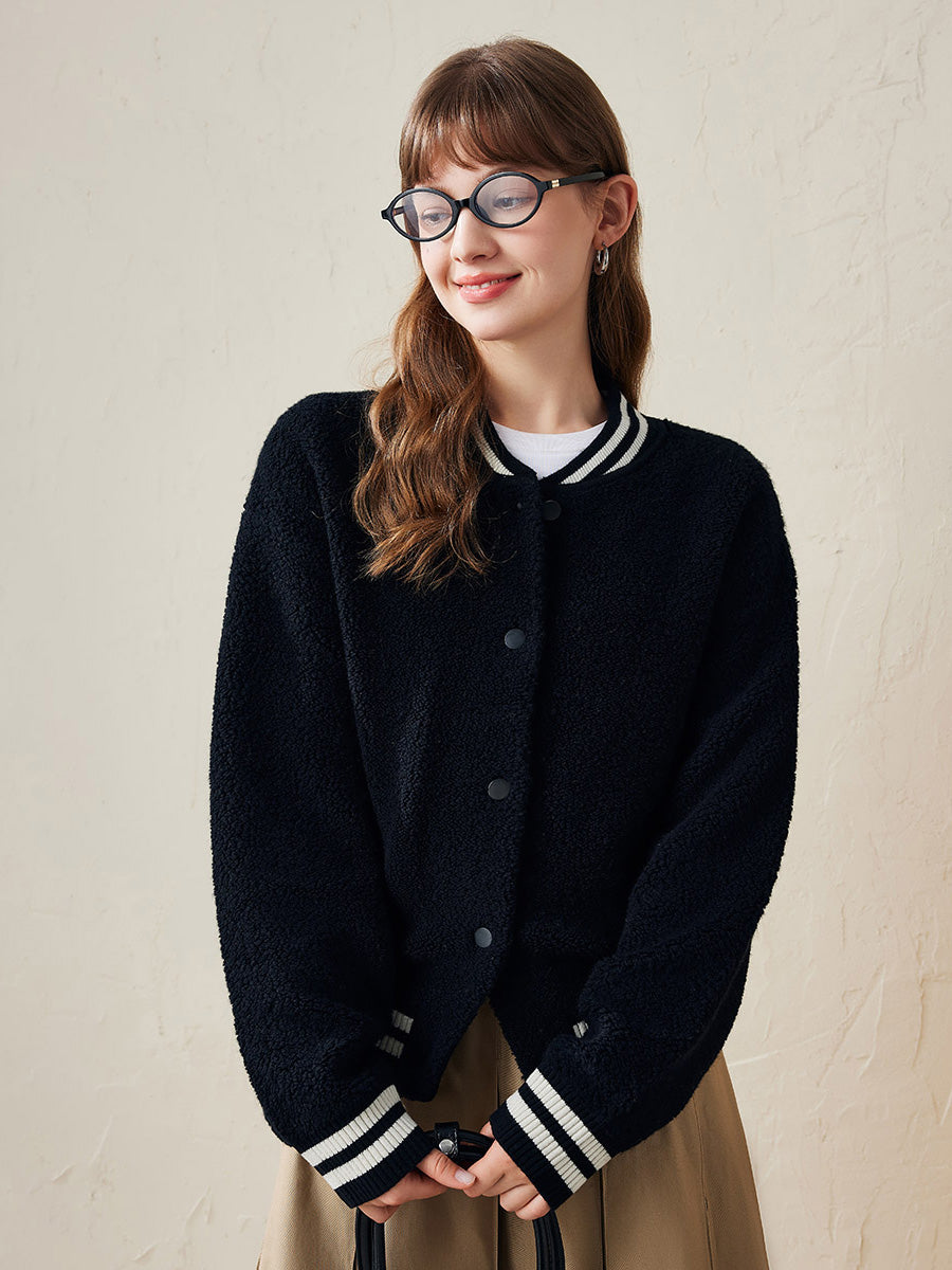 COMOBOCA Black 100% Wool Women's Striped Ribbing Jacket