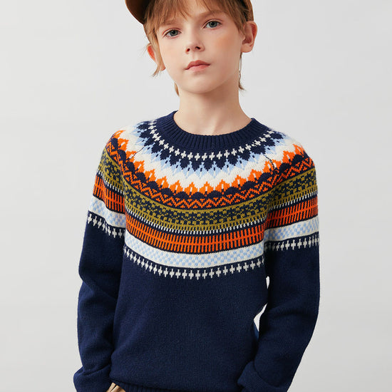COMOBOCA 100% Wool Kids' Fair Isle Round Neck Sweater