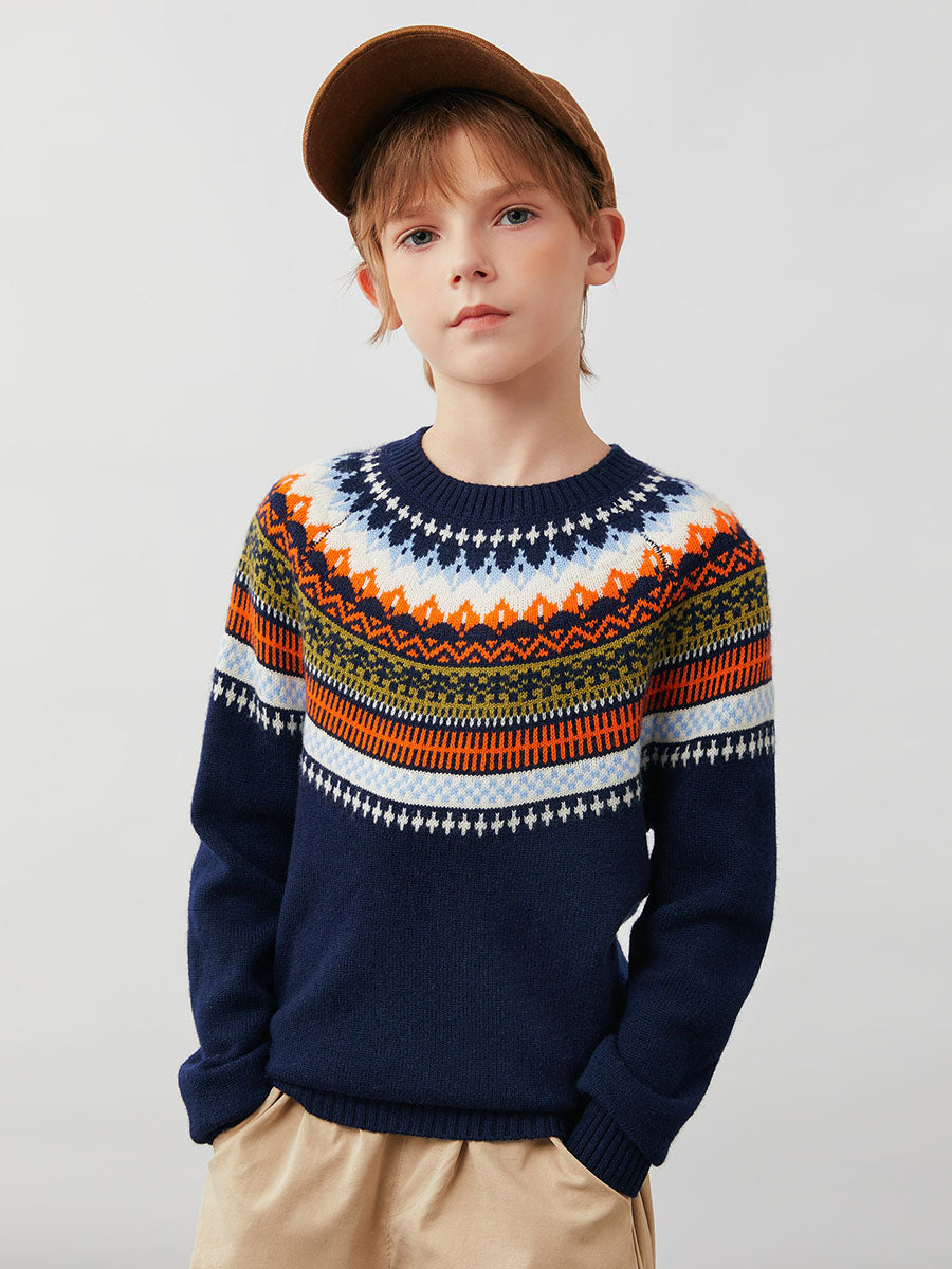 COMOBOCA 100% Wool Kids' Fair Isle Round Neck Sweater