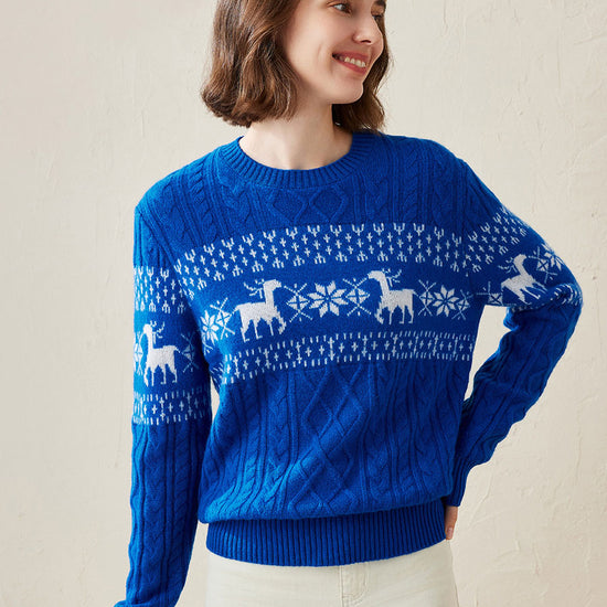 COMOBOCA 100% Cashmere Women's Cozy Reindeer Fair Isle Knit Sweater