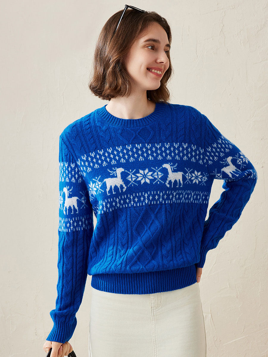 COMOBOCA 100% Cashmere Women's Cozy Reindeer Fair Isle Knit Sweater
