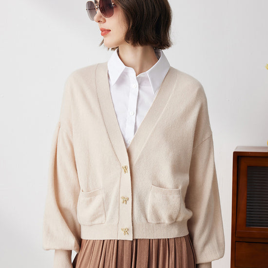 COMOBOCA Beige 100% Cashmere Women's Puff Sleeve Knit Cardigan