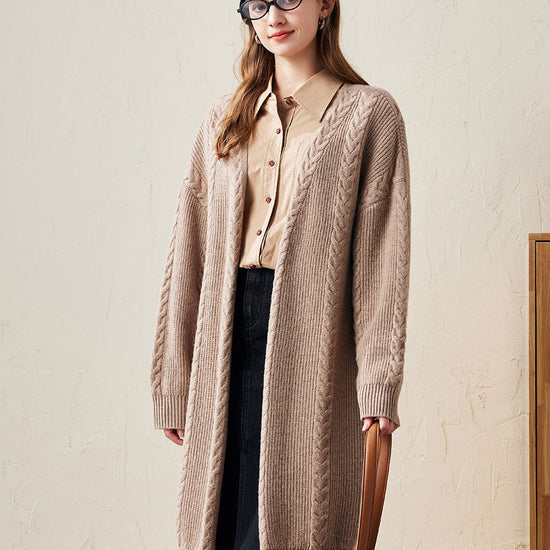 COMOBOCA Camel 100% Wool Women's Cozy Cable Knit Long Coat