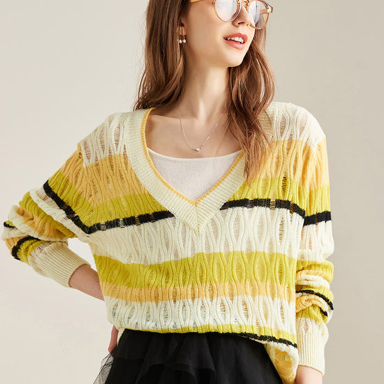 COMOBOCA Yellow 100% Cashmere Women's Striped V-Neck Knit Sweater