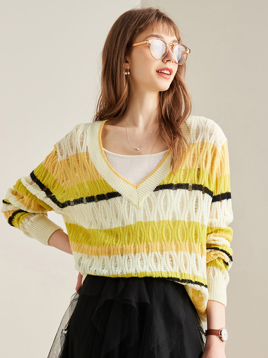 COMOBOCA Yellow 100% Cashmere Women's Striped V-Neck Knit Sweater