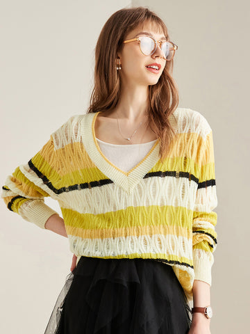 COMOBOCA Yellow 100% Cashmere Women's Striped V-Neck Knit Sweater