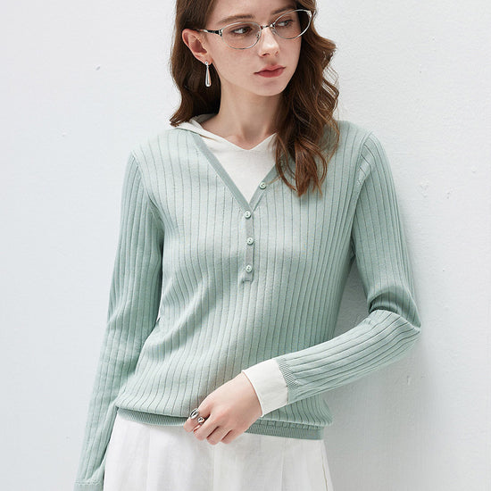 COMOBOCA Moonlight Green Women's Layered Ribbed Knit Hooded Henley Top