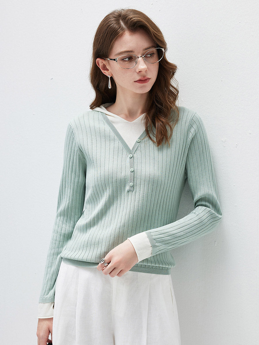 COMOBOCA Moonlight Green Women's Layered Ribbed Knit Hooded Henley Top