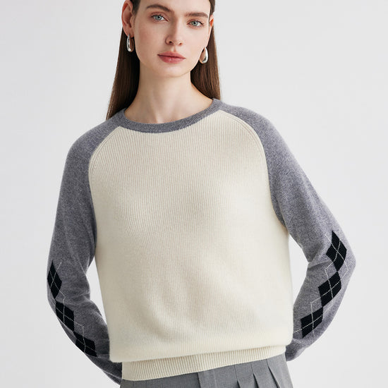 COMOBOCA 100% Cashmere Women's Color Block Round Neck Sweater