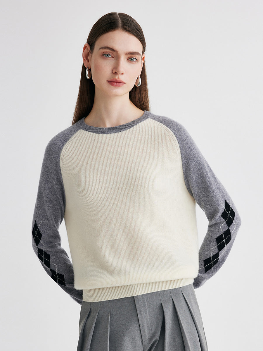 COMOBOCA 100% Cashmere Women's Color Block Round Neck Sweater