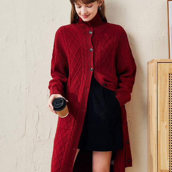 COMOBOCA Red 100% Wool Women's Cable Knit Long Front Button Coat