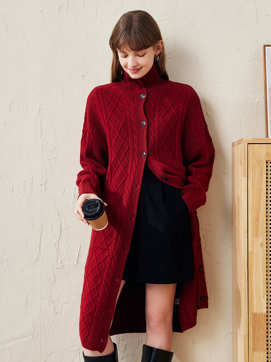 COMOBOCA Red 100% Wool Women's Cable Knit Long Front Button Coat