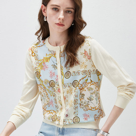 COMOBOCA Women's Printed Panel Knit Cardigan